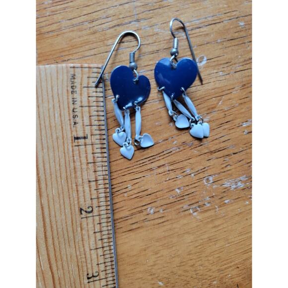 Vintage Metal Blue White Heart Drop Earrings - Picture 4 of 4